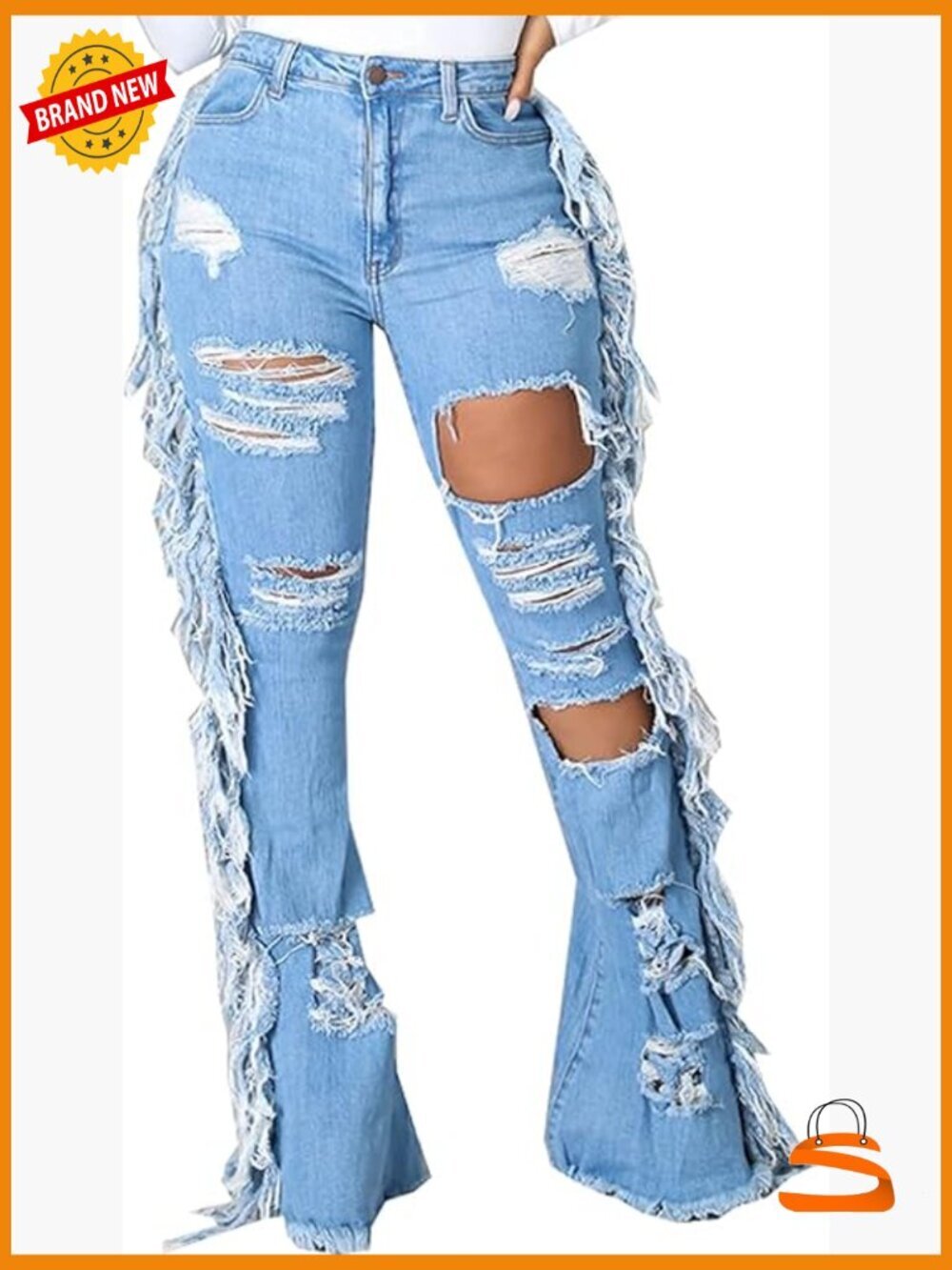 Bell Bottom Jeans Elastic Waist Ripped Flared Denim Pants High Rise Stretchable